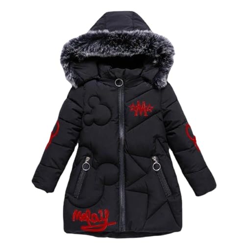 Tilozs Kinder Winterjacke Mädchen Warm Wintermantel Baumwoll Mantel Steppjacke Schön Bestickt Winter Parka Outdoorjacke mit Abnehmbaren Fellkapuze, Schwarz, 146-152, (Herstellergröße:150)