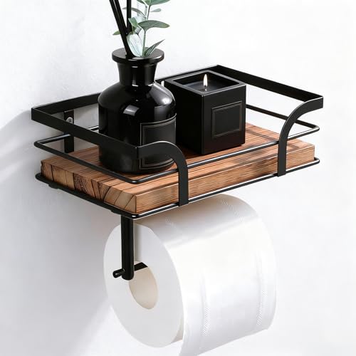 THWAYHC Toilettenpapier-Aufbewahrung (Ohne Bohren) Badezimmer & WC Schwarz - Holz Ablage Set für
