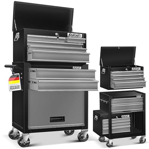 MASKO® Werkstattwagen inkl. Koffer - 9 Fächer Abschließbar | Massives Metall | Mobiler Werkzeug-Wagen ohne Werkzeug | Profi| Rollwagen zur Werkzeugaufbewahrung mit Schloss | Schwarz/Grau