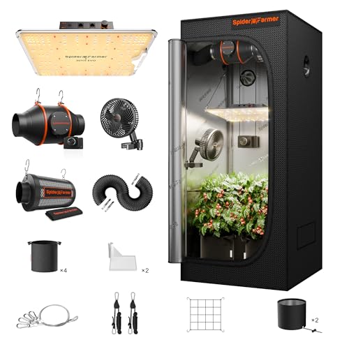 Spider Farmer Growzelt Komplettset SF1000 Grow Light Dimmbarer LED Grow Lampe Vollspektrum Samsung LM301H EVO Diodes GrowZelt Kit Komplettes 70x70x160cm Hydroponics Growing Tent Set Belüftungssystem