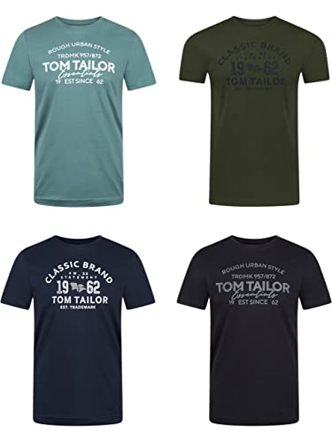 TOM TAILOR Tshirt Herren Baumwolle Regular Fit 4er Pack Set Rundhals Kurzarm Sommer Tee Shirt Logoprint 100% Baumwolle, Größe:M, Farbe:Woodland Green (10373)