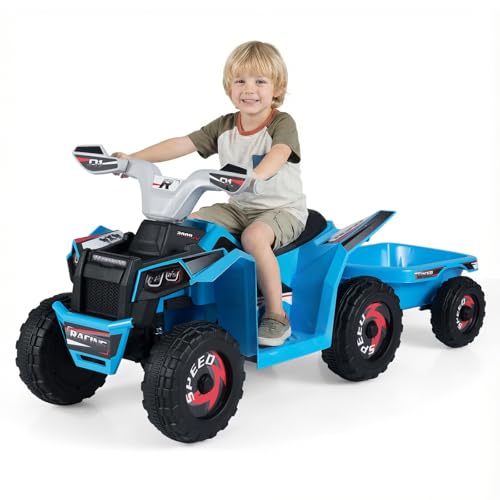 COSTWAY 6V Elektro Kinder Quad, Kinderquad mit abnehmbarem Anhänger, 2-3 km/h, Elektroquad mit Scheinwerfer, Vorwärts-& Rückwärtsfunktion, Mini Elektroauto ATV für Jungen & Mädchen ab 3 Jahren (Blau)