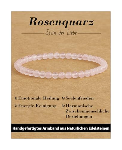 Landorilo Naturstein Perlen Heilstein Armband aus 4mm Runde Steinperlen, Yoga Armbänder für Damen Herren, Glücksarmband, Exquisite Geschenke, Ersatzperlen Inklusive(R Rosenquarz)