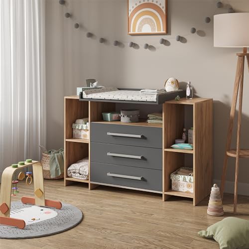 Vicco Wickelkommode Oskar, Anthrazit/Sonoma, 143 x 100 cm XL mit Schubladen, geeignet als Wickelstation mit erweiterbarem Ablagebereich