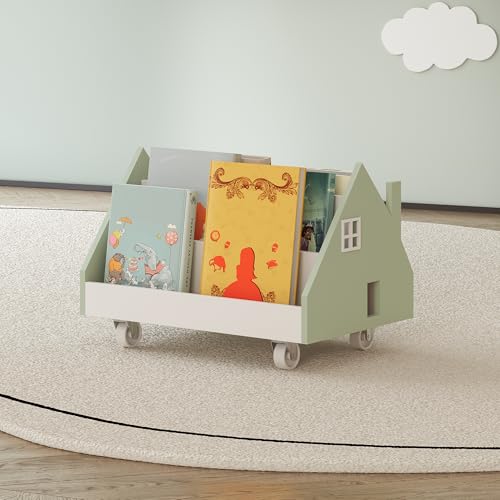 [en.casa] Mobiles Bücherregal für Kinder Vipsali Kinderregal in Hausoptik mit 4 offenen Fächern Aufbewahrungsregal mit Rollen 50 x 33 x 34 cm Mintgrün/Weiß