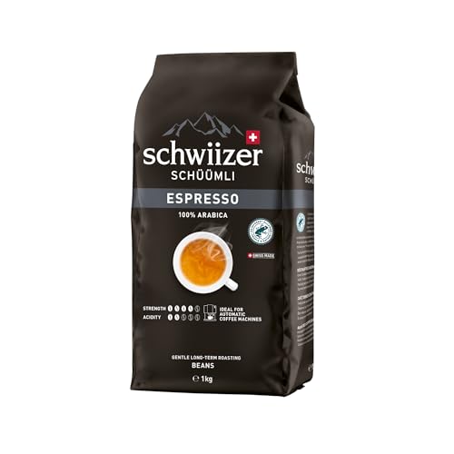 Schwiizer Schüümli Espresso, 100% Arabica Kaffeebohnen, kräftig-intensiv, ideal für Vollautomaten, Stärke 4/5, mittlere Röstung, Rainforest Alliance, 1kg