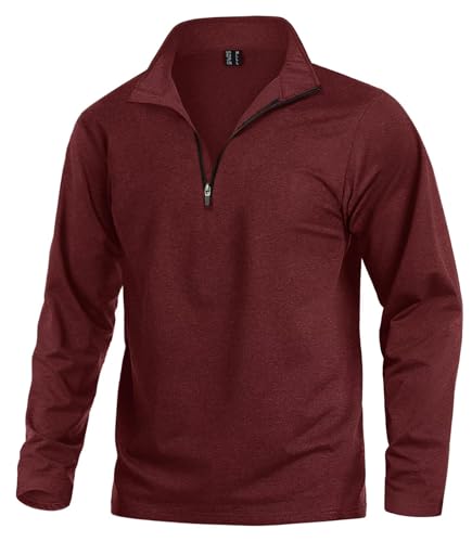 KEFITEVD Sport Pullover Herren mit 1/2 Zip Laufshirt Fleece Wander Jogging Oberteil Fahrrad Bekleidung Männer Outdoor Langarm Shirt Funktionsshirt Weinrot 2XL