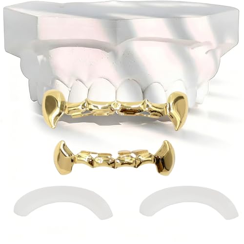 18K Gold Plattierte Hip Hop Zahn Grillz, 6 Zähne Ober- und Unterteil, Set für Männer Frauen(Gold,Set)