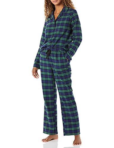 Amazon Essentials Damen-Pyjama-Set aus Flanell, langärmelig, Knopfleiste vorne, Kobaltblau, Grün, Blackwatch Plaid, Größe M