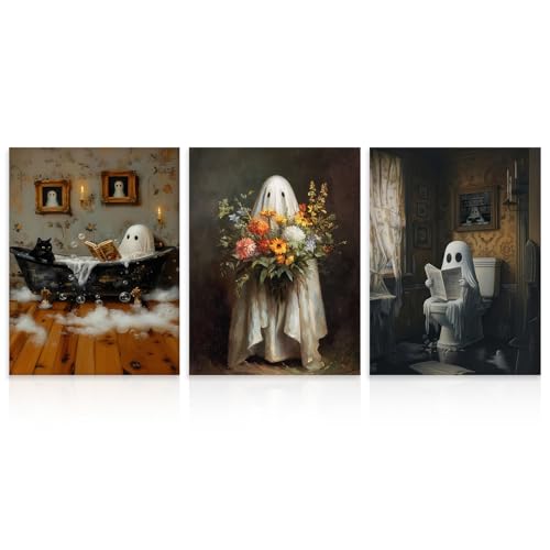 Dazzlewall 3Pcs Halloween Geist Wandkunst Dekor, Geist Im Badezimmer Blume Dunkle Academia Halloween Wanddekoration, Gothic Kunstwerk Druck für Badezimmer, 12x16 zoll Ungerahmt