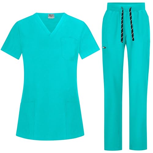 B-well BELLA Damen-Schrubb-Set Schlupfkasack + Schlupfhose Set Medizin Arzt Uniform Schlupfjacke Oberteil mit Hose Medizinische Berufsbekleidung mit Elastan (Teal, XL)
