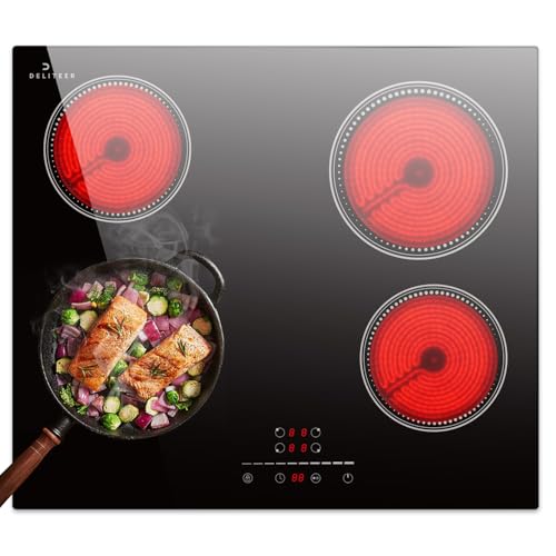 DELITEER Glaskeramikkochfeld 4 Platten, Kochfeld Autark, Kochfelder 59cm Einbau, 6000W, Slider-Touch-Steuerung, Sicherheitsschloss, Pausenfunktion, 220V, 50Hz, Kein Stecker