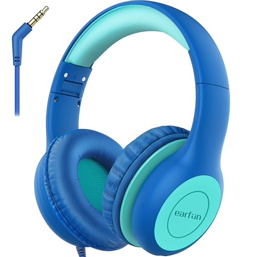 EarFun Kinder Kopfhörer, Kopfhörer Kinder mit Kabel, 85dB Lautstärkenbegrenzer, Audio-Sharing, Faltbare, Einstellbar, Stereo Sound, Over Ear Kinderkopfhörer für Schule / Tablet / PC, Blau