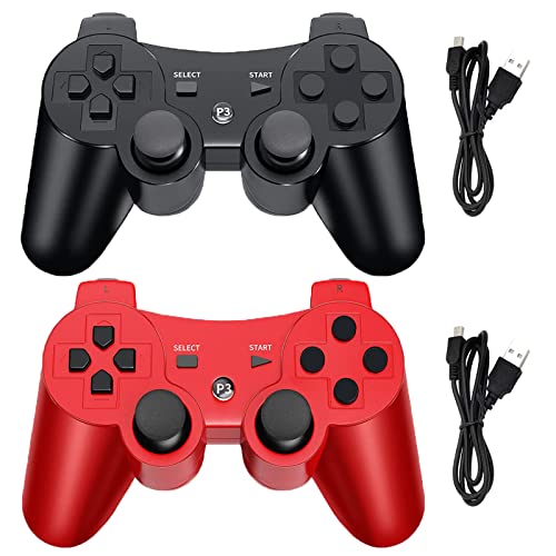 Hovlian Kabelloser Controller für PS3, integrierter Dual-Vibrations-Gaming-Joystick, kompatibel mit Playstation 3, mit Ladekabel (schwarz + rot)