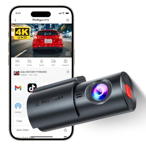 REDTIGER F11 Dashcam Auto Vorne 4K, Diebstahlschutz Dashcam mit Nachtsicht, WDR, Loop-Aufzeichnung, WiFi, Installation in Zwei Schritten, 24H-Parkmodus, Unterstützt Max 256 GB