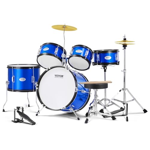 Vevor Schlagzeug-Set für Kinder, 406 mm, komplettes Schlagzeug für Anfänger, 5 Stück, mit Toms Bass, Snaredrum, Sitz, Charleston Becken, 2 Paar Drumsticks, Musikinstrumente, blau