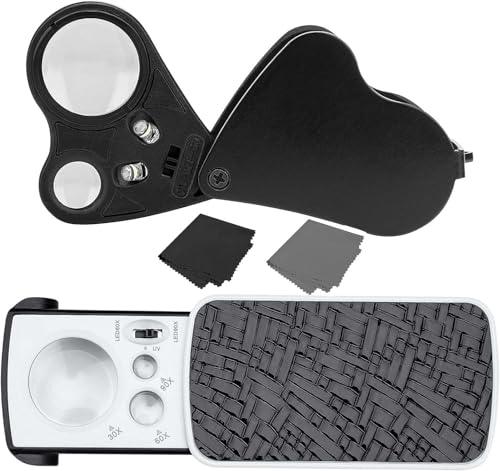 HuaMuDM 2 Stück Juwelierlupe,Juwelier Lupe, 30X 60X 90X Juwelierlupe， Schmuck Lupe， Juwelierlupe Mit Licht,für Edelsteine Schmuck Münzen Briefmarken