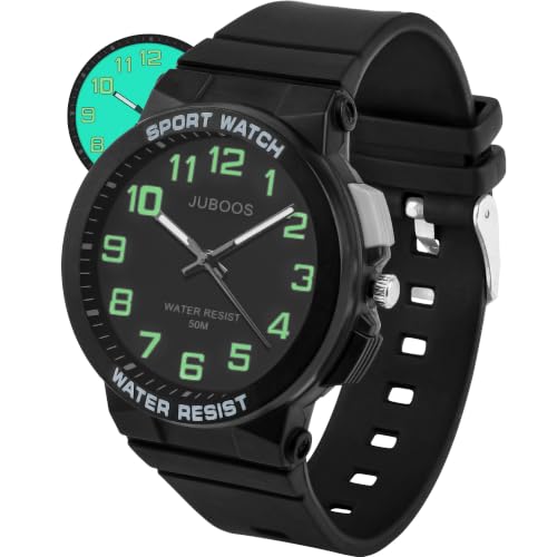 Juboos Kinderuhr Analog, 50m wasserdicht, Großes Acrylzifferblatt gut lesbar mit Vollbildlicht, Weiches Armband, für Kinder von 5 bis 16 Jahren, Hilft beim Uhrzeit Lernen,Schwarz