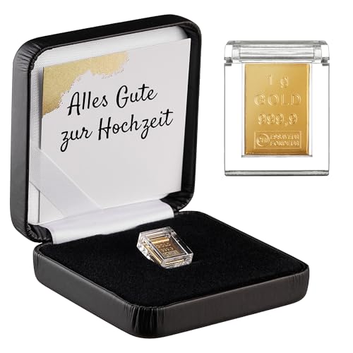 Goldstücke24 - Geschenk zur Hochzeit - Goldbarren 1g in hochwertiger Acrylglaskapsel inkl. Etui (schwarz) und Grußkarte - Gold zur Hochzeit verschenken