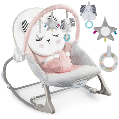 Nukido Babywippe Baby Wippe Babyschaukel Babyliege - mit Vibration und Spielzeugen - Rutschfeste Füße und 3-stufige Sicherheitsgurte - bis 18 kg Grau-Rosa