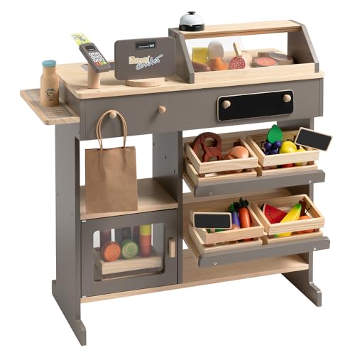 howa Kaufladen Holz - Kaufmannsladen mit 40-teiligem Kaufladen Zubehör, Spielkasse mit Spielzeugkartenleser, Tafel für Kreide, Vitrine, Natur - Taupe 14755