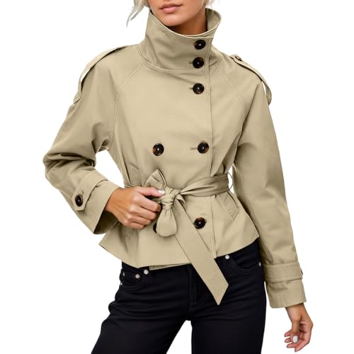 Trenchcoat Damen Kurz Mantel Damen, Übergangsmantel Zweireihig Mantel Mit Gürtel Sommermantel Kurzmantel Casual Windjacke Stehkragen Übergang Trench Coat Übergangsmantel Leicht Mäntel Jacke Khaki M