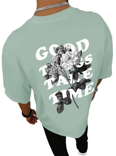 Tomwell Oversized Tshirt Herren Rundhals Kurzarm Lose Sommer Oberteile Mode T-Shirt mit Backprint Vintage Drucken Streetwear Sport Casual Lang Tops A Grün L