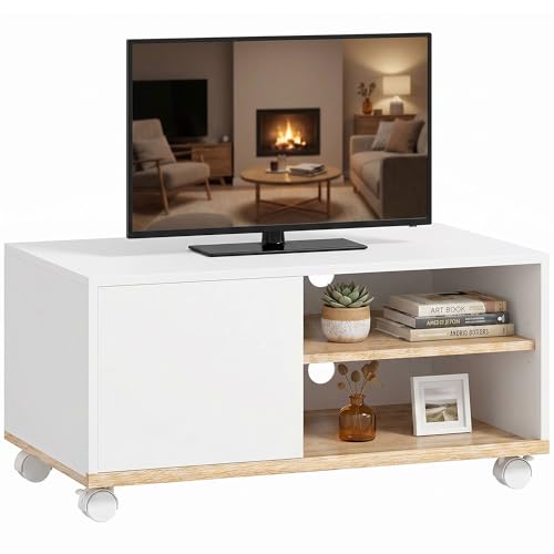 HOMCOM TV Schrank Lowboard auf Rollen mit Schrank, Kabelführung und Verstellbarer Ablage, Fernsehtisch für Fernseher bis 32 Zoll, TV Board für Wohnzimmer, Weiß und Eiche, 80 x 45 x 41 cm