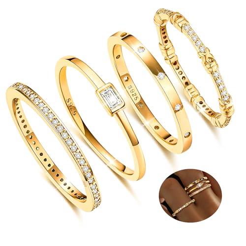 KENIY 4 Stück Gold Ringe Frauen Stapelringe mit Zirkonia 14 Karat Vergoldete Ringe Set Ring Gold Damen Fingerring Daumenringe Verlobungsring Schmuck