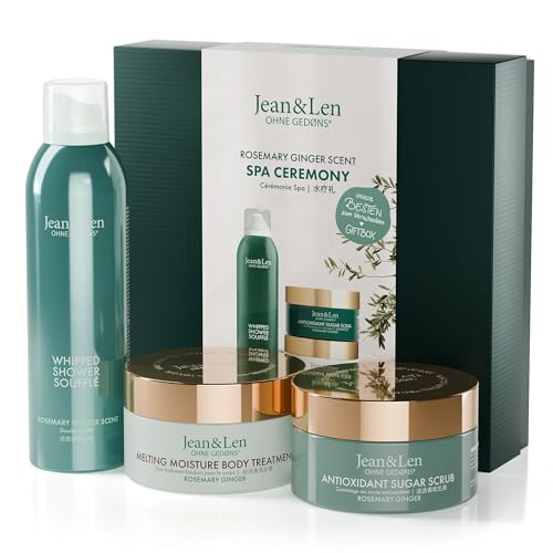 Jean & Len Spa Ceremony Giftbox Rosemary & Ginger, hochwertige Geschenkbox mit 3 hochwertigen Produkten, Produkte für Körper und Geist, Verpackung ist FSC zertifiziert, veganes Geschenkset