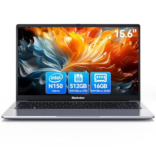 Blackview 15,6 Zoll Laptop, N150(Besser N95/N97) bis zu 3.6GHz, 16GB RAM 512GB SSD Notebook für Unternehmen Studierende, FHD IPS Display, Augenschutz, 100W Typ-C, 4K HDMI, Bluetooth, WiFi 5, QWERTY