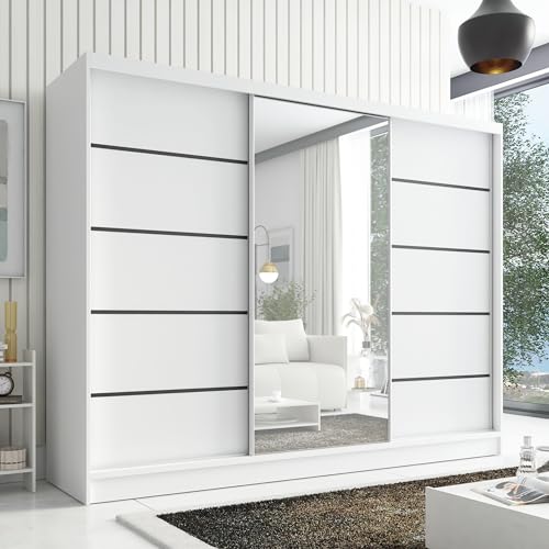 A&J MöbelLand Kleiderschrank Aurelia 2 – Schwebetürenschrank 200 cm breit mit Spiegel, 3-türig, Kleiderschrank mit Schubladen, Schiebetürenschrank für Schlafzimmer oder Garderobe