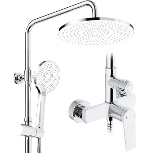 Rainsworth Duschsystem mit Armatur Chrom, Regendusche mit Armatur aus Messing, 25 cm Regendusche, 3 Strahlarten Duschkopf, Duscharmatur Komplettset, Duschset