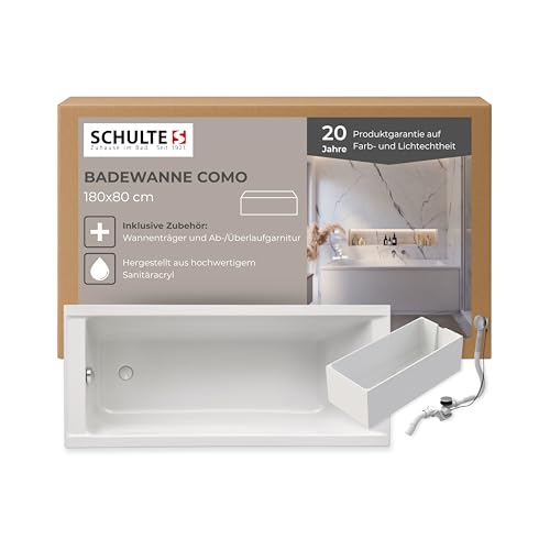 Schulte Badewanne Como 180x80 cm, Acryl Badewanne Komplettset mit Wannenträger und Ablauf, Weiß glänzend