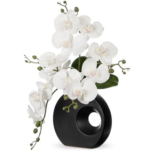 Kunstpflanze Orchideen mit Keramik Donut Vase Künstliche Blume Phalaenopsis Kunstblumen Wie Echt Mit Real-Touch Blüten im Keramiktopf für Tischdekoration Wohnkultur Büro Hochzeitsfeier Dekoration