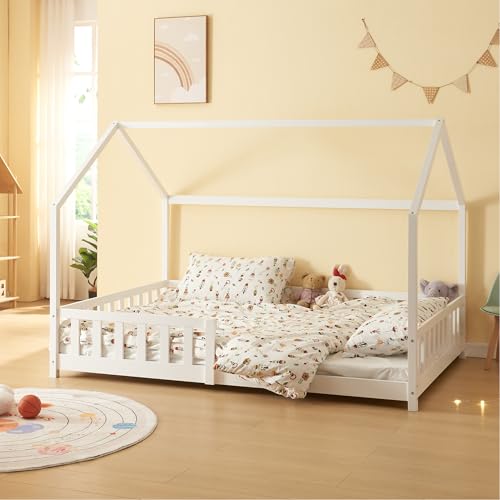 [en.casa] Kinderbett Hesel Hausbett Weiß 120 x 200 cm mit Rausfallschutz und Lattenrost Montessori Bodenbett Jugendbett Holzbett