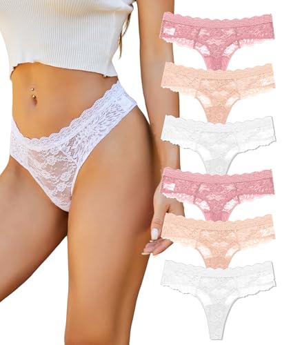 ALL OF SHE 6er Pack String Tanga Damen Spitze Sexy,M