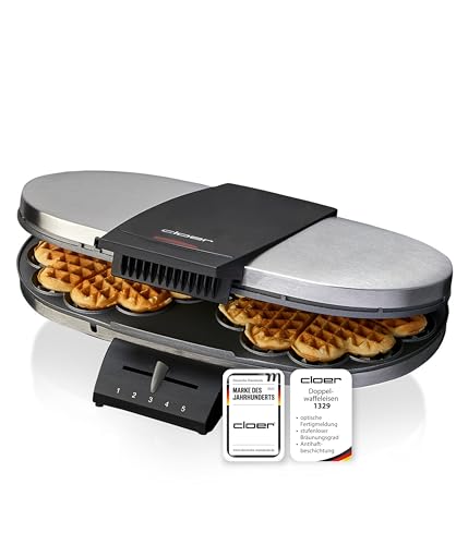 Cloer 1329 Doppelwaffeleisen für 2 Herzwaffeln mit 15,5 cm Durchmesser, Waffeleisen mit Antihaftbeschichtung, Edelstahlgehäuse, stufenlosem Bräunungsgrad und optischer Fertigmeldung, PFAS-frei, 1700 W