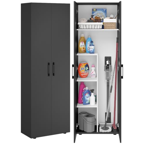 Bellamio Apol Besenschrank - Mehrzweckschrank in Anthrazitschwarz - Vorratsschrank mit Staubsaugerfach - Putzschrank aus Holz - Flurschrank mit Stauraum - Haushaltsschrank - Allzweckschrank 176x33x60