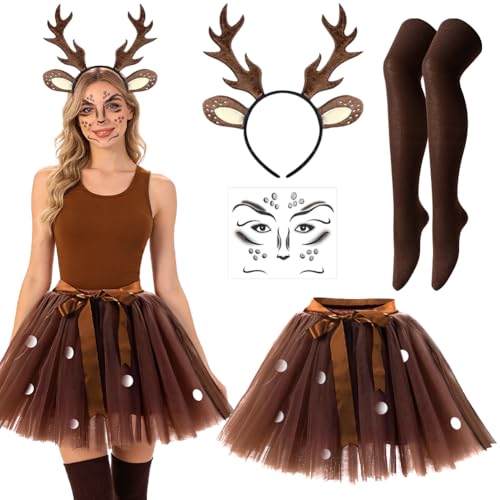 Bukbas Karneval Kostüm Damen Reh Kostüm Damen mit Reh Haarreif Tüllrock Braun Socken Rehface Tattoo Reh Kostüm Accessorie, Faschingskostüm für Karneval Fasching Mottoparty Cosplay