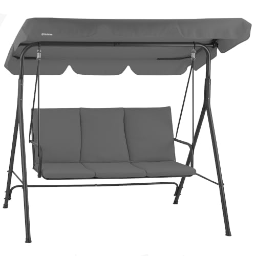 HinHocker Hollywoodschaukel 3-Sitzer mit Sonnendach | bis 250 kg belastbar | Schwingliege, Schaukelbank Outdoor | Gartenschaukel, Swing Chair | Softschaukel, Verandaschaukel, Outdoor Sitz (Grau)