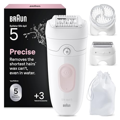 Braun Silk-épil 5 Epilierer Damen, Haarentferner für Langanhaltende Haarentfernung, Ladyshaver, Wasserdicht — Inkl. Trimmeraufsatz und Peelingaufsätz, Made in Germany — 5-060, Weiß/Flamingorosa