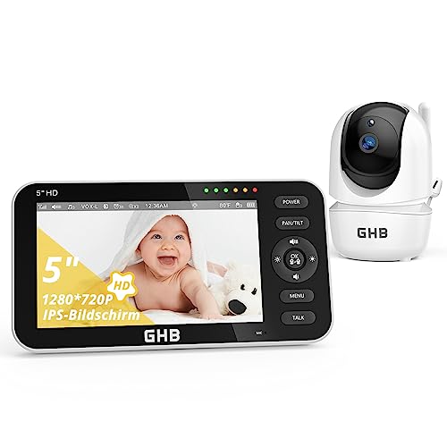 GHB Babyphone mit Kamera 5 Zoll 720P HD Display mit bis zu 168h Akkulaufzeit im VOX Schlafmodus Gegensprechen Nachtsicht und Temperaturanzeige