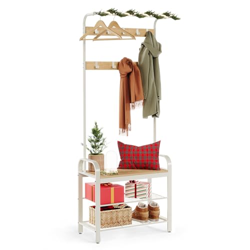 VASAGLE Garderobenständer, Garderobe, mit Schuhbank, 4-in-1 Design, 9 abnehmbare Haken, Kleiderstange, Eingangsbereich, Flur, 33,7 x 72 x 183 cm, modern, eichenfarben-weiß HSR40W