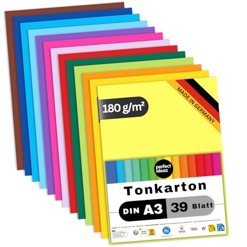 perfect ideaz - 39 Blatt Tonkarton DIN-A3, 13 Farben, 180 g/m², made in Germany, Blauer Engel zertifiziert (13 Farben)
