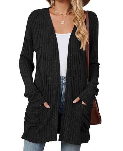 MYCOLORBLUE Strickjacken für Damen Elegant Cardigan Gestrickt Stretch Langarm Strickcardigan Tops mit Taschen Schwarz M