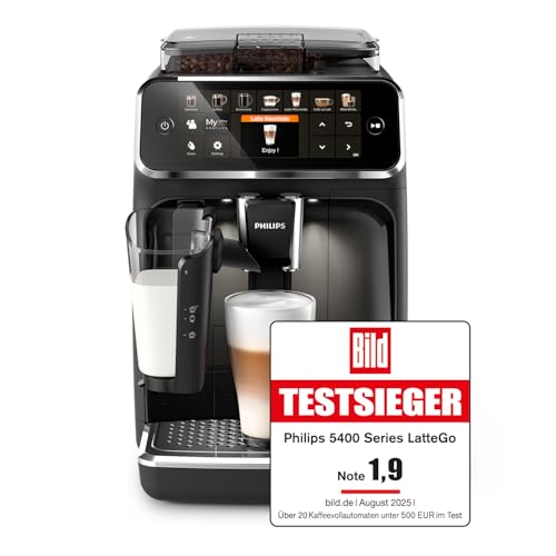Philips Series 5400 Kaffeevollautomat – LatteGo Milchsystem, 12 Kaffeespezialitäten, Intuitives Display, 4 Benutzerprofile, Schwarz (EP5441/50)