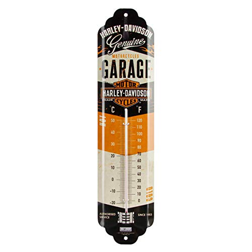 Nostalgic-Art Retro Thermometer, 7 x 28 cm, Harley-Davidson – Garage – Geschenk-Idee für Biker, Original Lizenzprodukt (OLP), aus Metall, Vintage Design