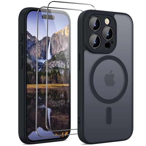 HGH 3 in 1 für iPhone 15 Pro Max Hülle mit Kameraschutz für Magsafe, mit 2 Schutzglas, [Militärschutz] Durchscheinende Rückseite Magnetisch Hülle für iPhone 15 Pro Max Case, Schwarz