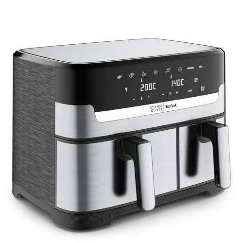 Jamie Oliver by Tefal Dual Drawer Heißluftfritteuse 8,3 L – Airfryer mit 2 Kammern & Grillfunktion, 8 Programme, Sync-Modus für gleichzeitiges Garen, fettarm frittieren & energiesparend EY90JDE1